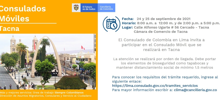 Consulado General de Colombia en Lima realizará Consulado Móvil en Tacna, los días 24 y 25 de septiembre de 2021