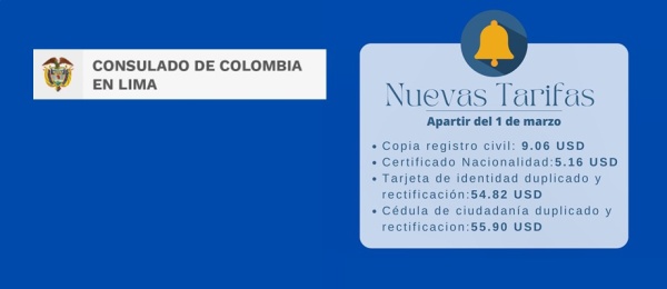 Consulado de Colombia en Lima publica el valor de lo siguientes trámites: