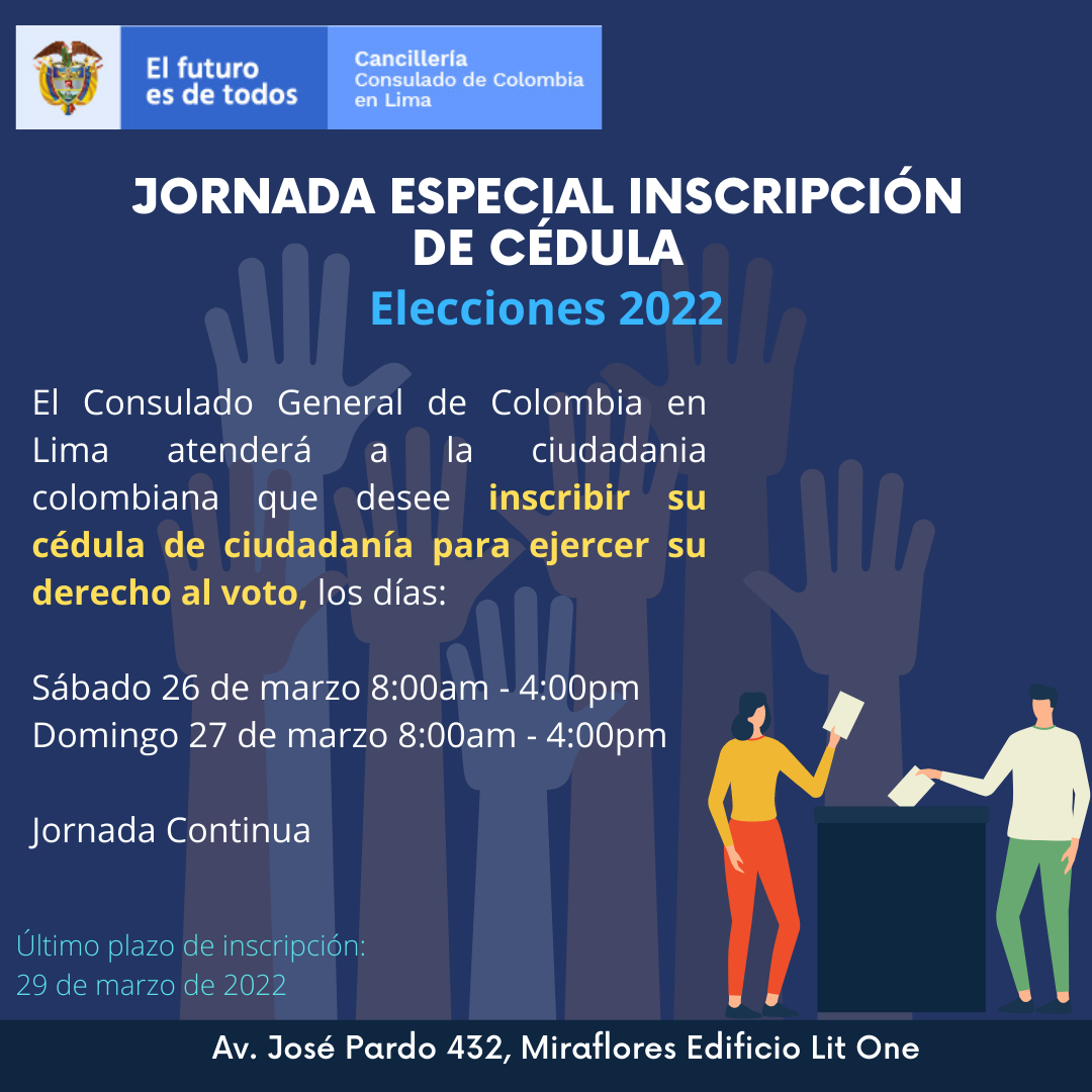 Jornada de inscripción de cédulas este sábado 26 y domingo 27 de marzo en el Consulado de Colombia en Lima