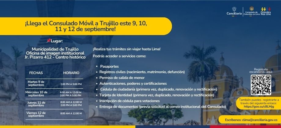 Consulado Móvil del 9 al 12 de septiembre 2025 en la Municipalidad de Trujillo