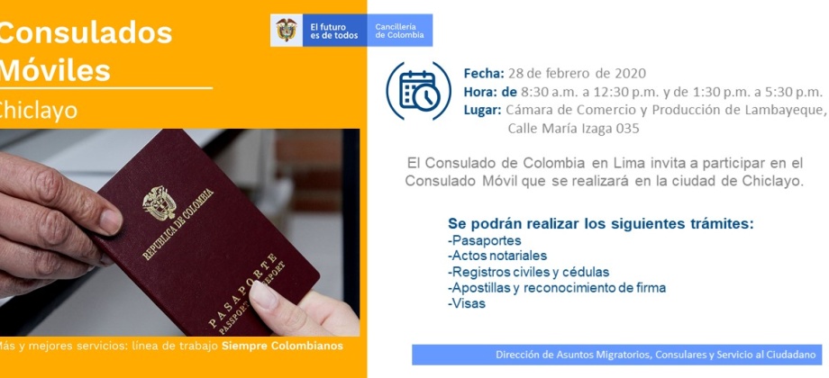 Consulado de Colombia en Lima realizará la jornada móvil en Chiclayo el 28 de febrero 