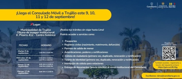 Consulado Móvil del 9 al 12 de septiembre 2025 en la Municipalidad de Trujillo
