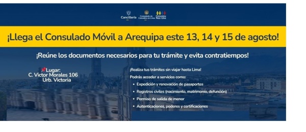 Consulado de Colombia en Lima realizará Consulado Móvil en Arequipa del 13 al 15 de agosto de 2025
